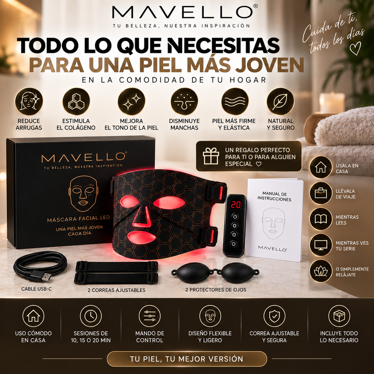 Máscara facial LED con Terapia de Luz Roja para la Cara y la Piel
