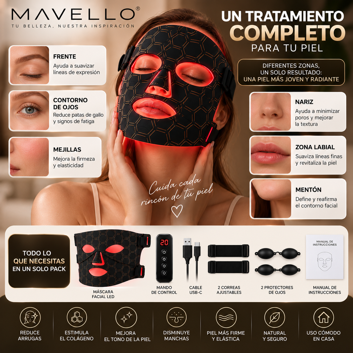 Máscara facial LED con Terapia de Luz Roja para la Cara y la Piel